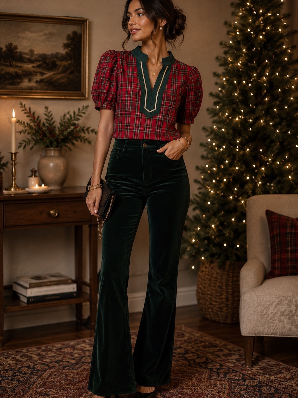 entro Red Plaid Short-Sleeve Blouse with Dark Green Trim